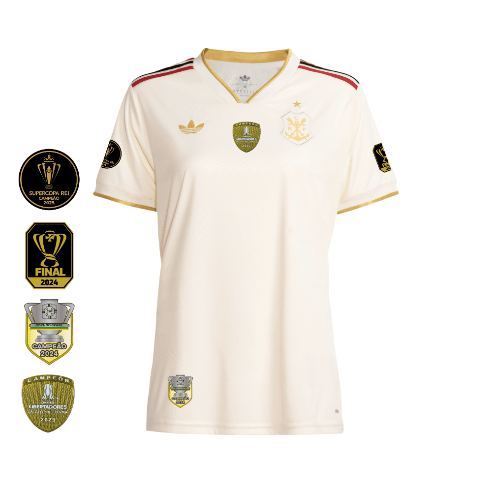 Camisa Flamengo Dourada | Jogo 3 2025 | Todos os Patchs de Campeão Sem Patrocínios | Feminina