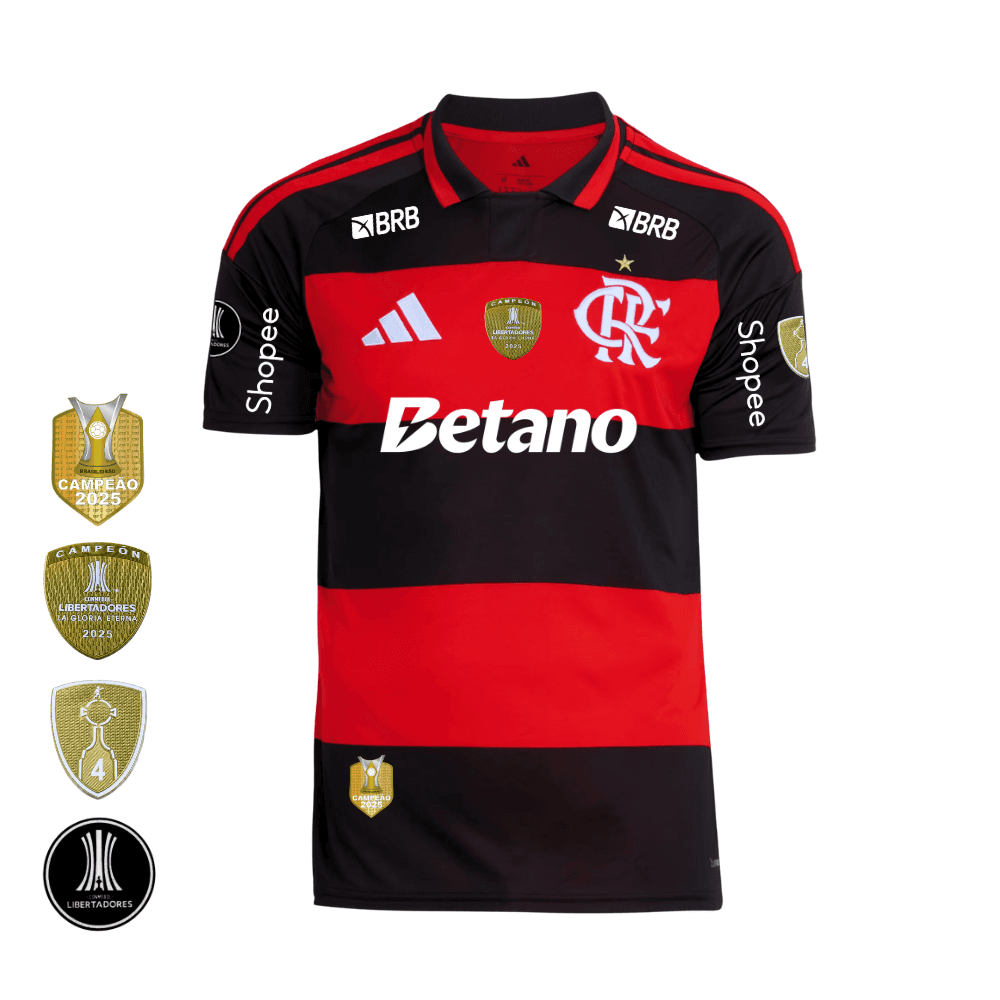 Camisa Vermelha e Preta | Manto Jogo 1 2026 | Todos os Patchs de Campeão Com Patrocínios | Feminino