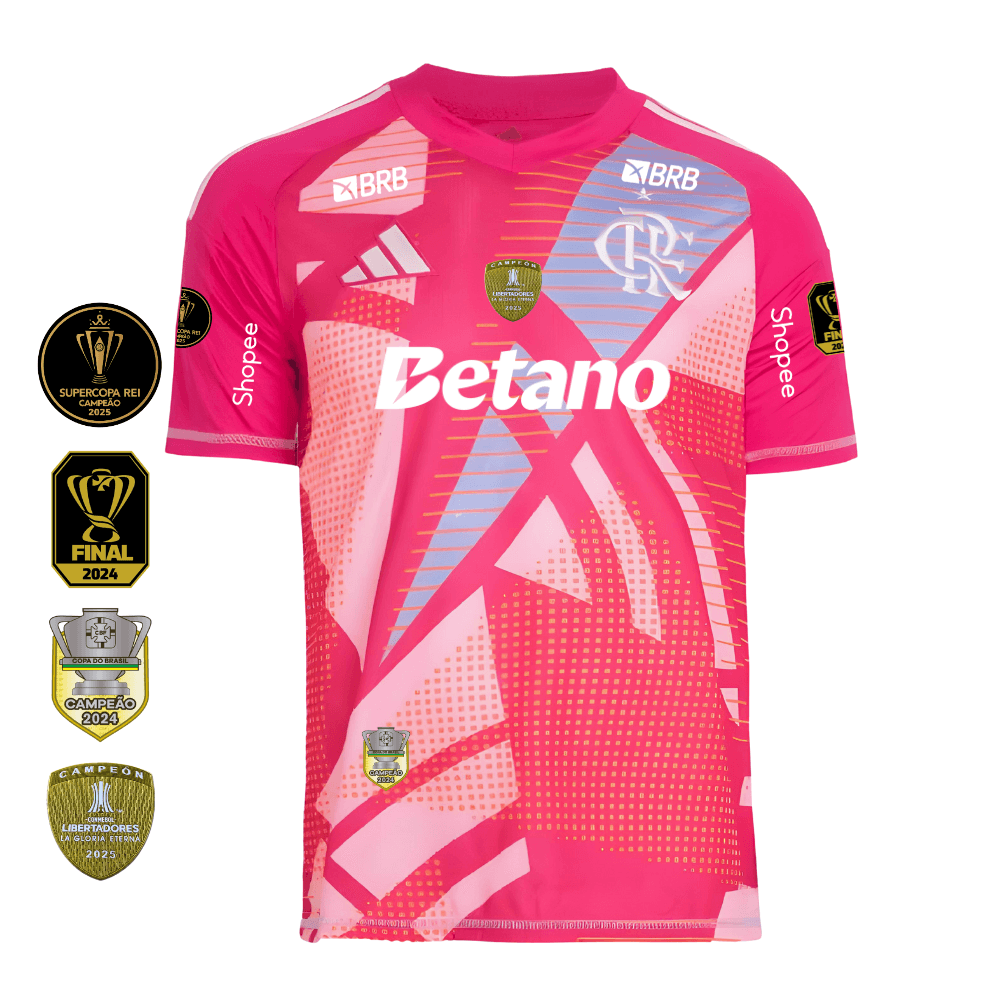 Camisa Flamengo Rosa | Goleiro 2 2025 | Todos os Patchs de Campeão Com Patrocínios