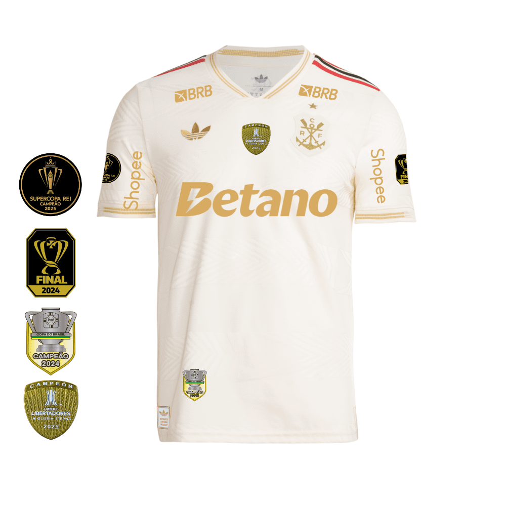 Camisa Flamengo Dourada | Jogo 3 2025 | Todos os Patchs de Campeão Com Patrocínios | Versão Jogador
